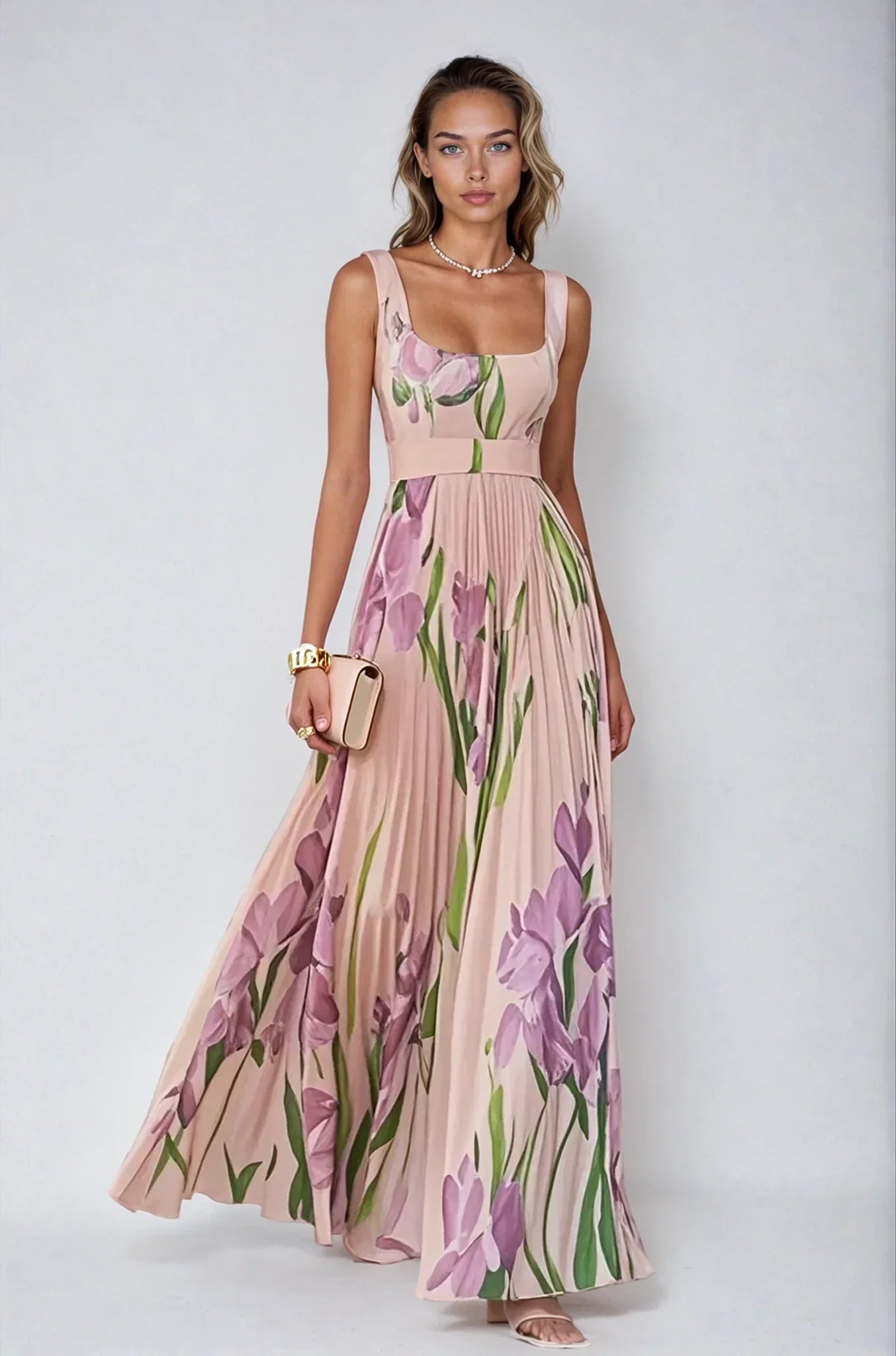 Floral Pleated Maxi Dress in Chiffon