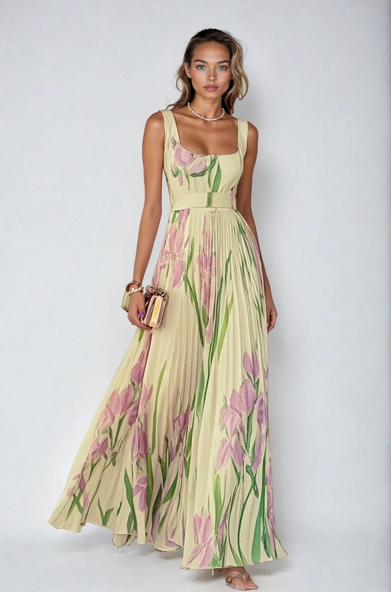 Floral Pleated Maxi Dress in Chiffon