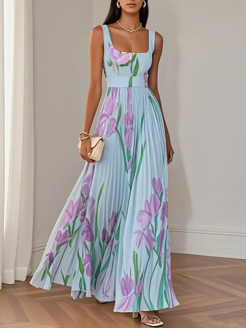 Floral Pleated Maxi Dress in Chiffon