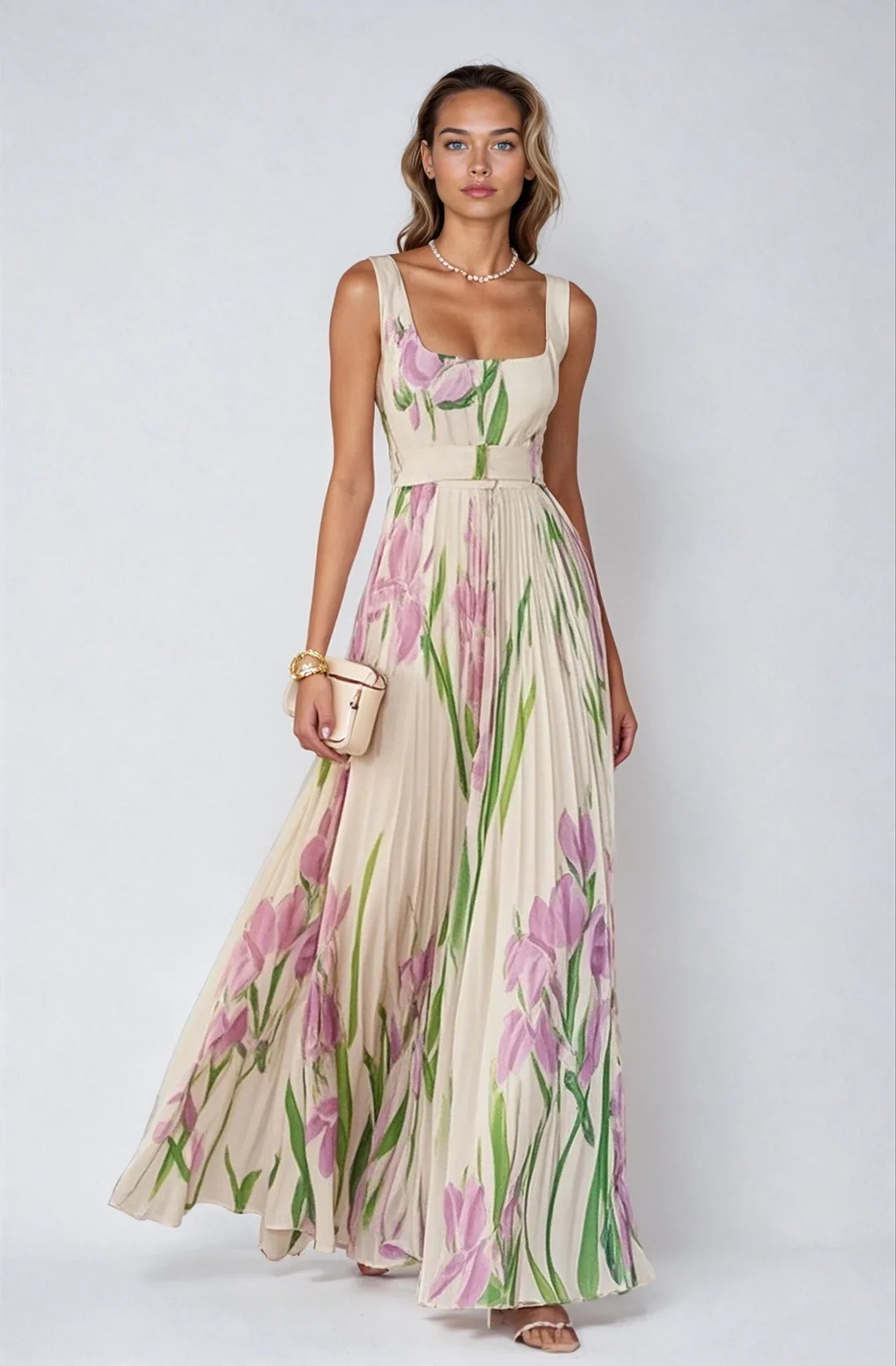 Floral Pleated Maxi Dress in Chiffon