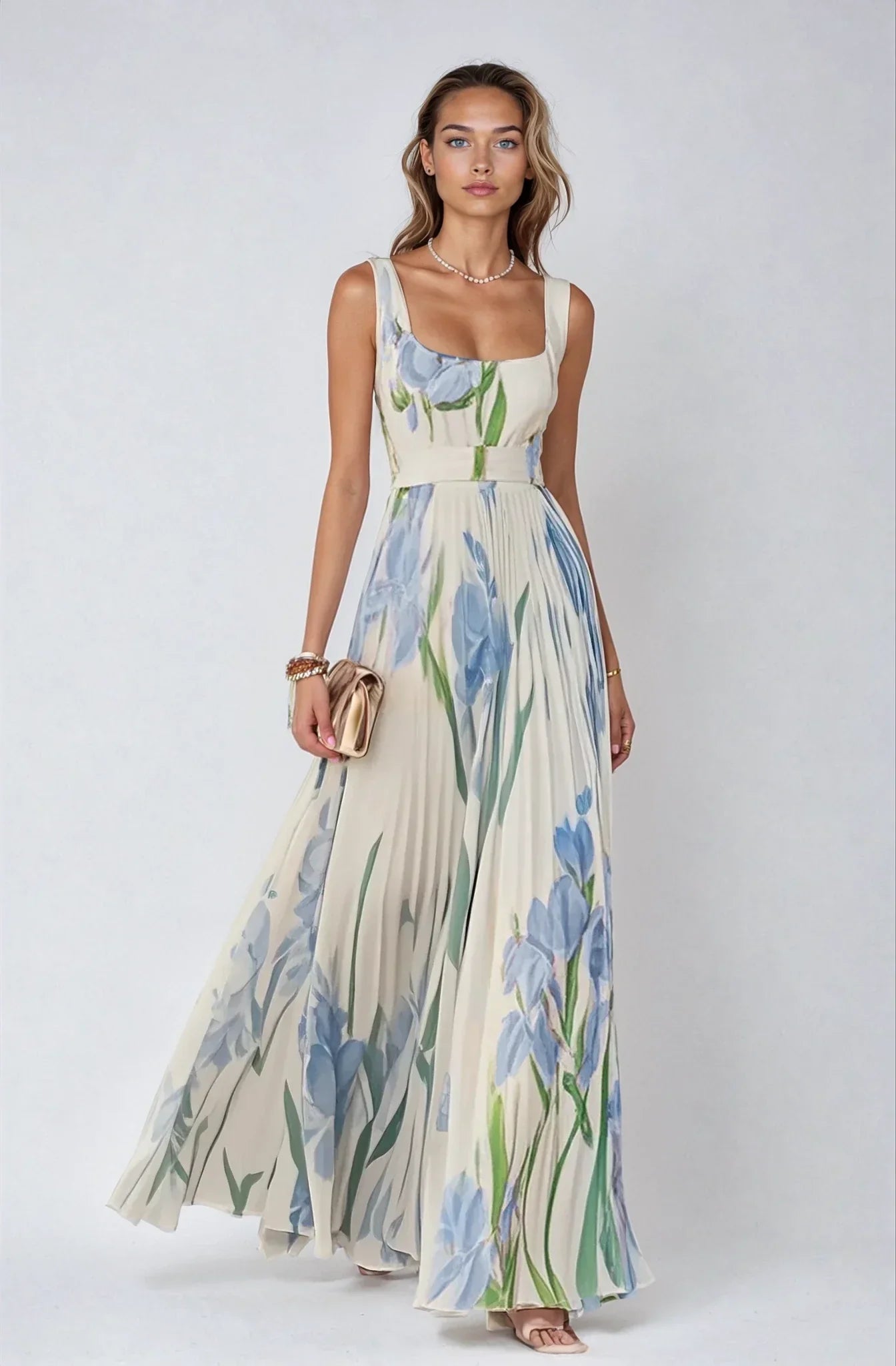 Floral Pleated Maxi Dress in Chiffon