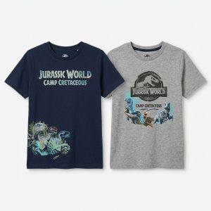 پک ۲ عددی تی‌شرت پسرانه آستین کوتاه طرح دنیای ژوراسیک (Jurassic World) رنگ سرمه‌ای و طوسی 01