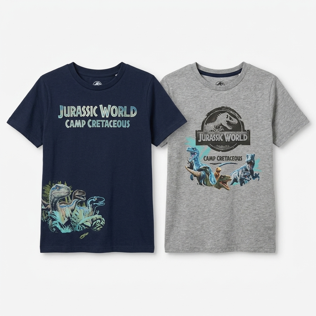پک ۲ عددی تی‌شرت پسرانه آستین کوتاه طرح دنیای ژوراسیک (Jurassic World) رنگ سرمه‌ای و طوسی 01